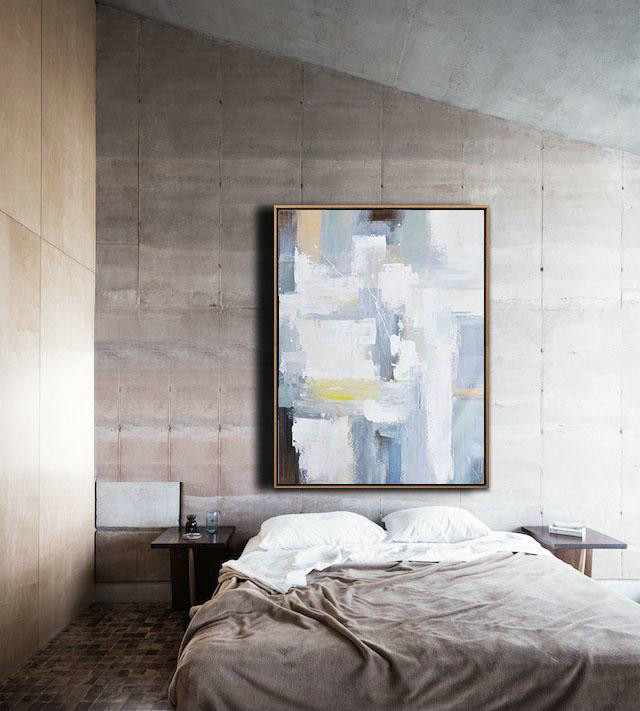 Handmade Large Painting,Vertical Palette Knife Contemporary Art,Large Canvas Wall Art For Sale,White,Grey,Brown,Yellow.etc